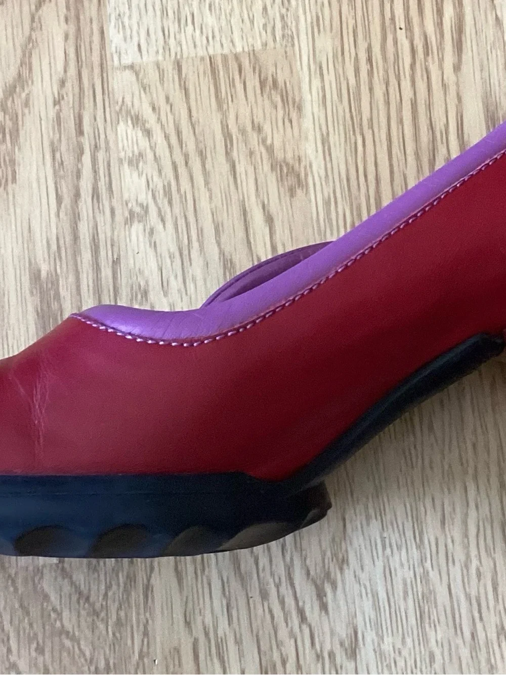 John Fluevog Red Leather Pumps With Purple Trim, Size 12, Spool Heel